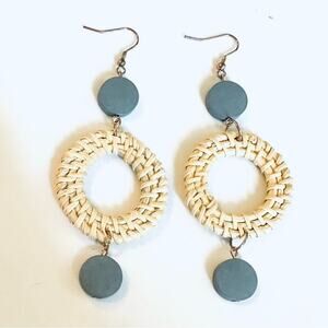 Woven Raffia with Wood Circle Drop Earrings*